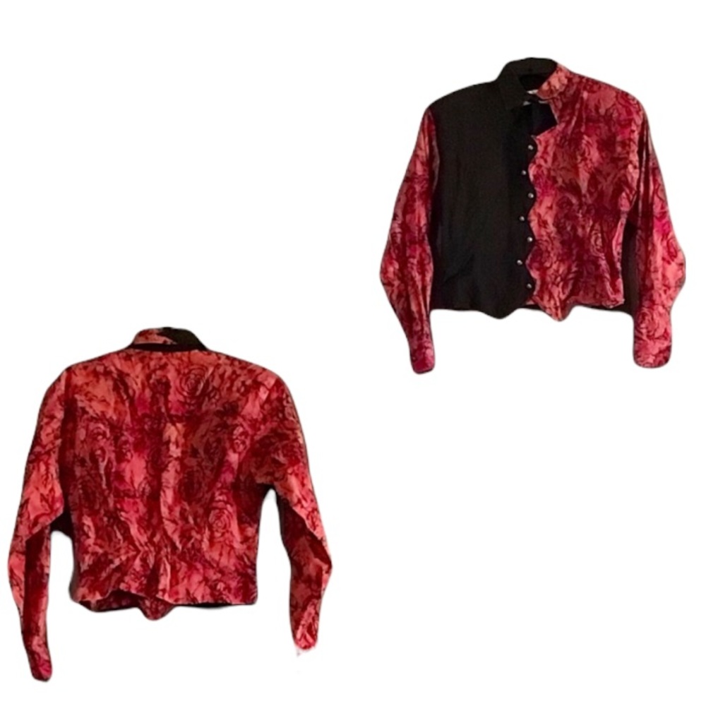 Longhorn Western Crop Black Rose and Red Button Shirt Medium long Sleeve Shirt